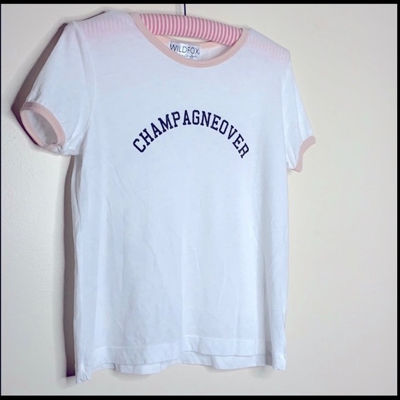 Wildfox | White Casual Fit Pink Lined CHAMPAGNEOVER Tee Shirt | Brunch Vacation - Picture 7 of 9